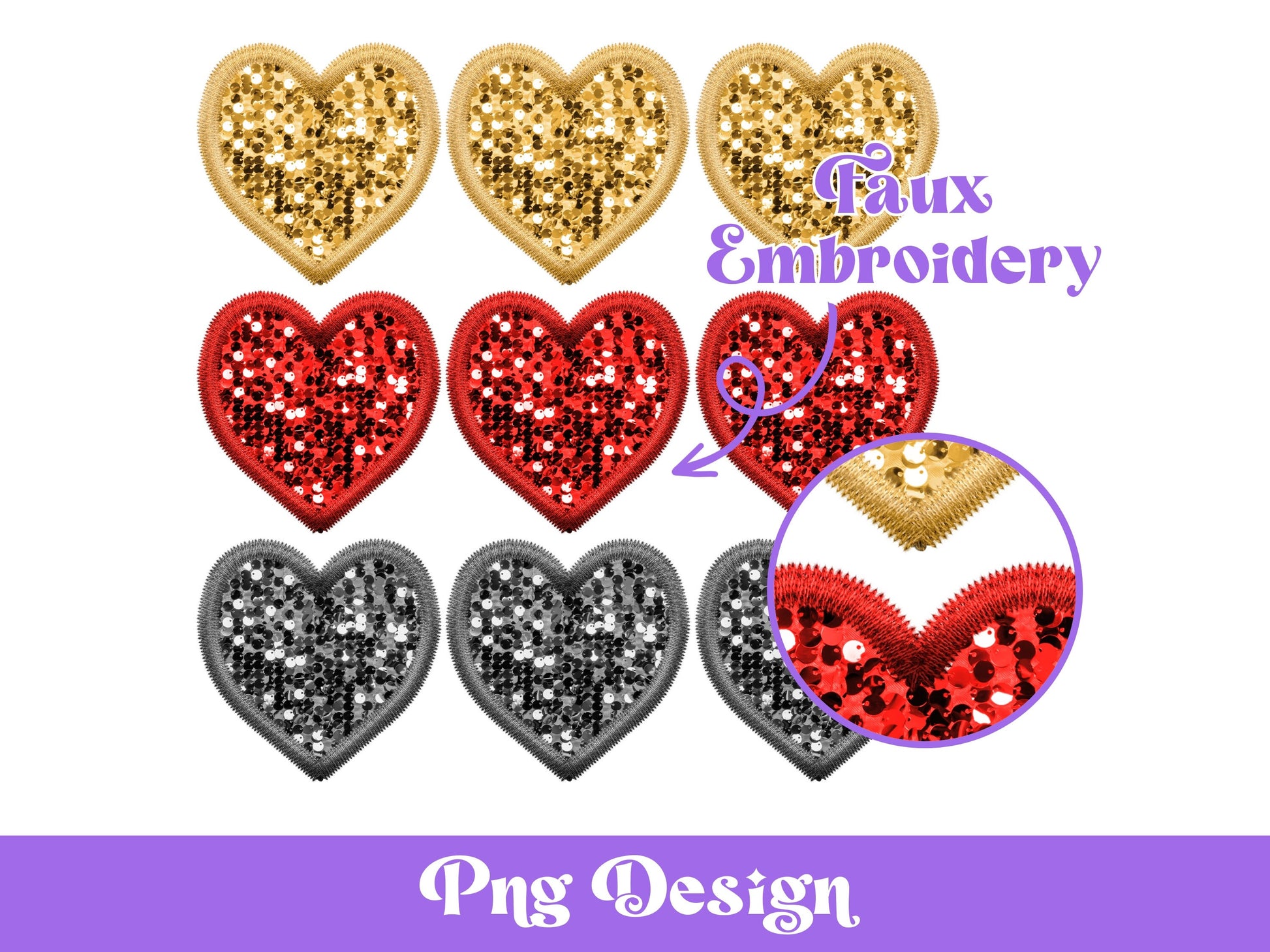 Glitter Heart Clipart: Gold, Red, Silver Faux Embroidery (PNG Digital File)