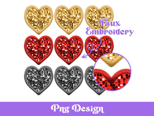 Glitter Heart Clipart: Gold, Red, Silver Faux Embroidery (PNG Digital File)