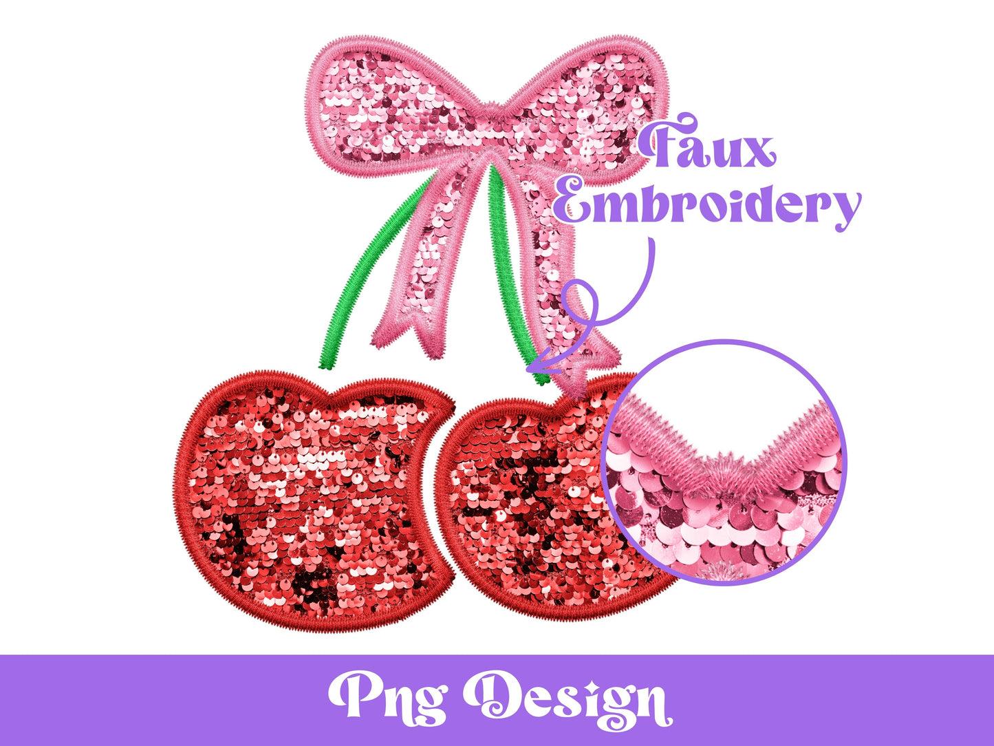 Cherry Coquette Bow PNG: Sequin Faux Embroidery Design (Digital File)