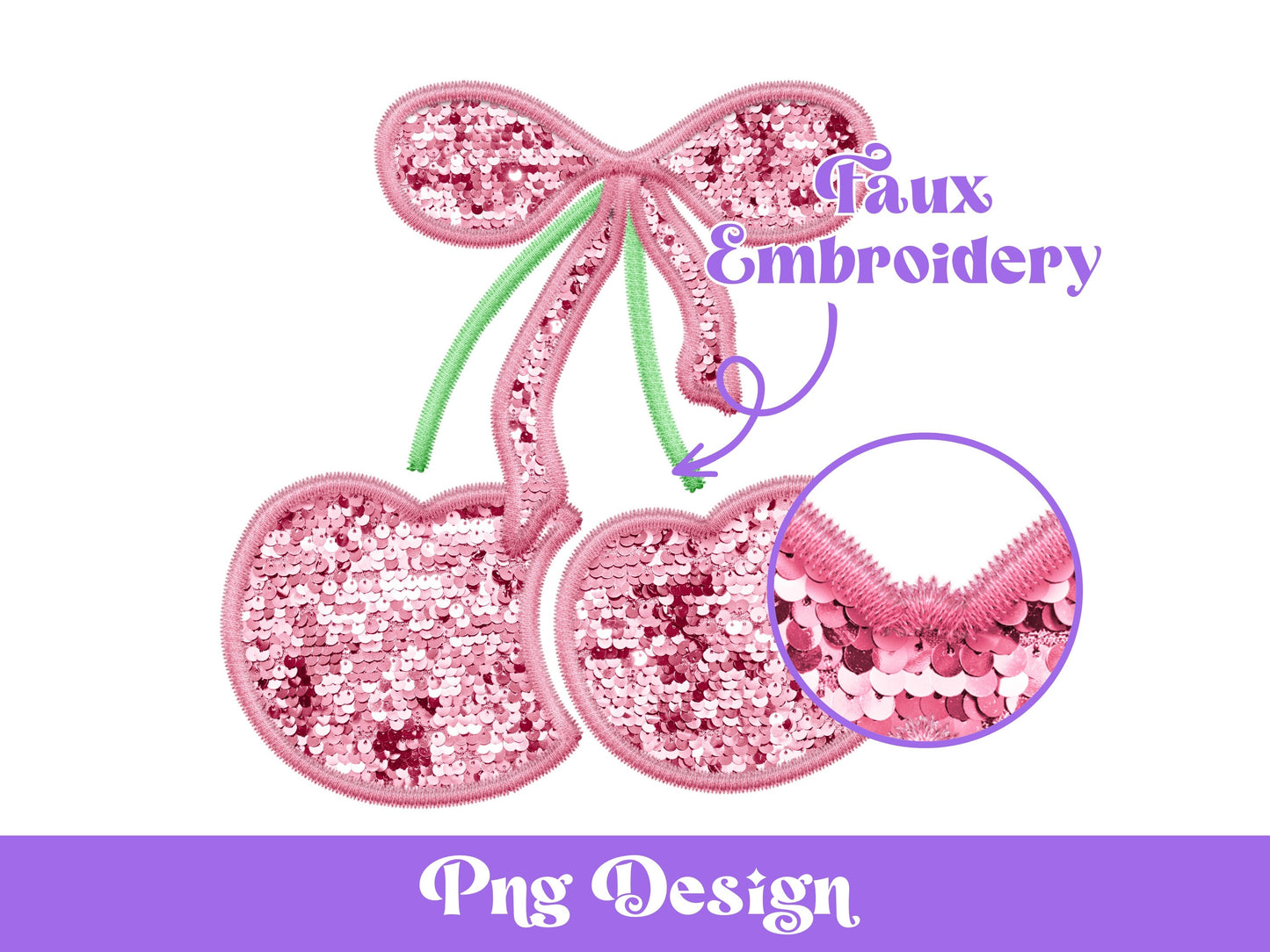 Faux Embroidery Sequin Cherry PNG: Coquette Bow Clipart (Digital File)