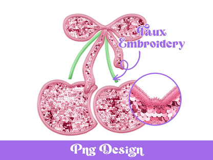 Faux Embroidery Sequin Cherry PNG: Coquette Bow Clipart (Digital File)