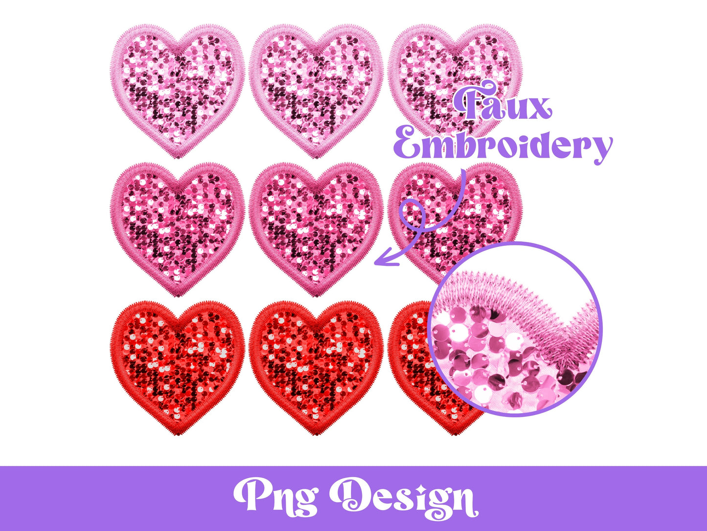 Sequin Hearts PNG: Faux Embroidery Clipart (Digital File)