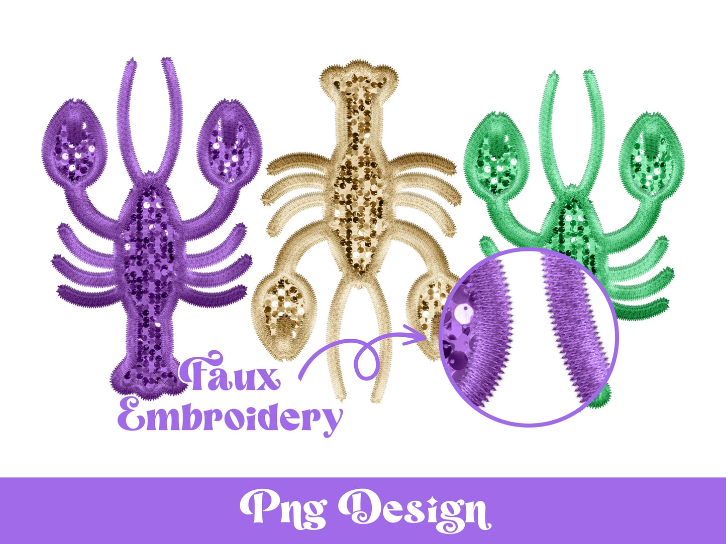 Faux Embroidery Mardi Gras Crawfish Png, Sublimation Designs, Louisiana Clipart, Faux Sequin, New Orleans