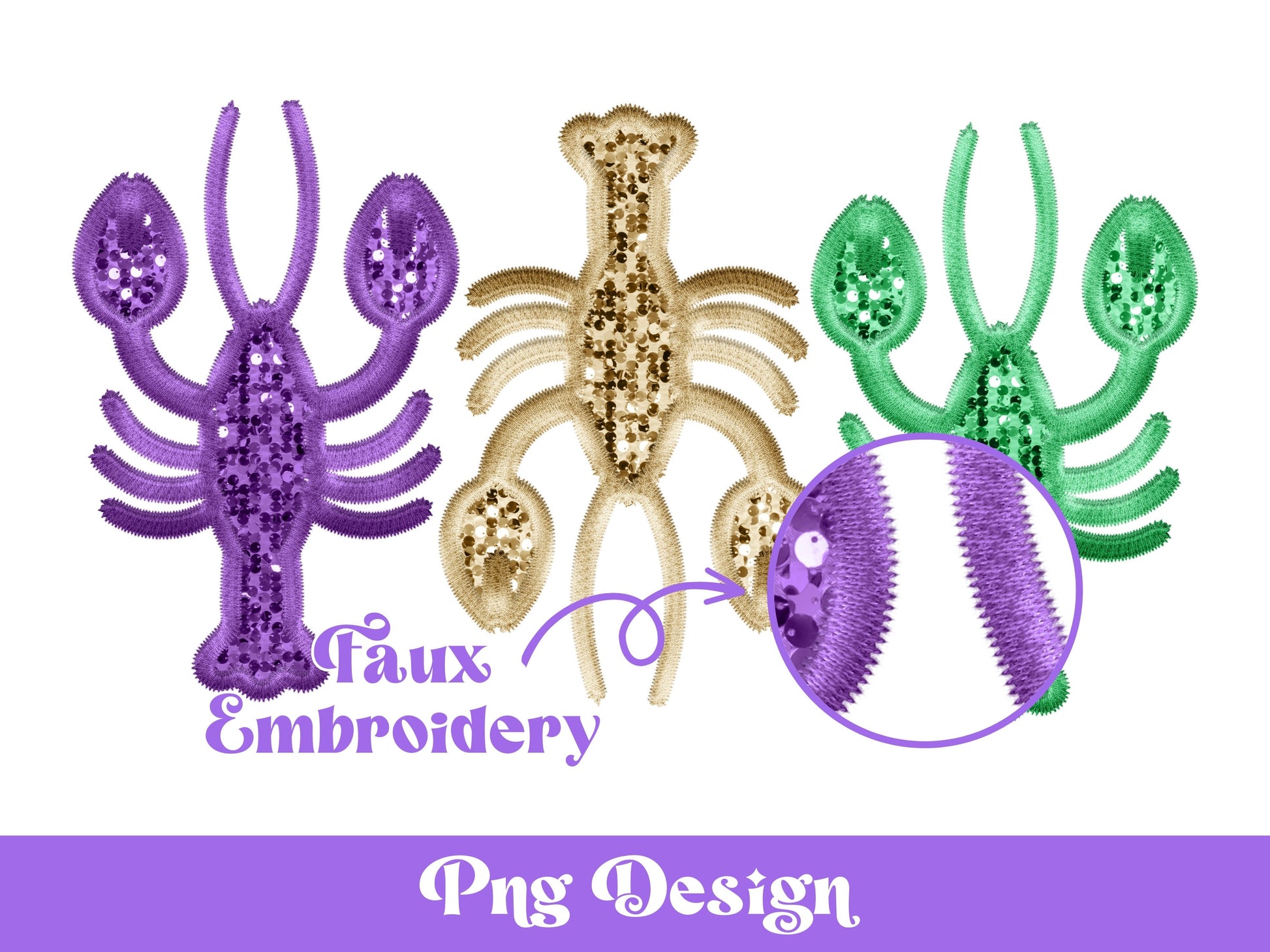 Faux Embroidery Mardi Gras Crawfish Png, Sublimation Designs, Louisiana Clipart, Faux Sequin, New Orleans