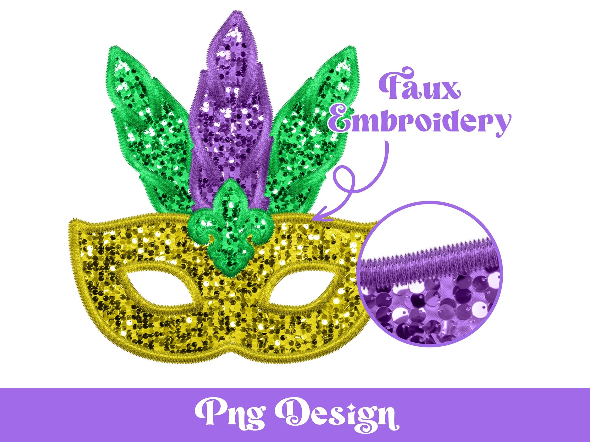 Mardi Gras Mask PNG: Faux Embroidery, Sequin Design (Digital File)