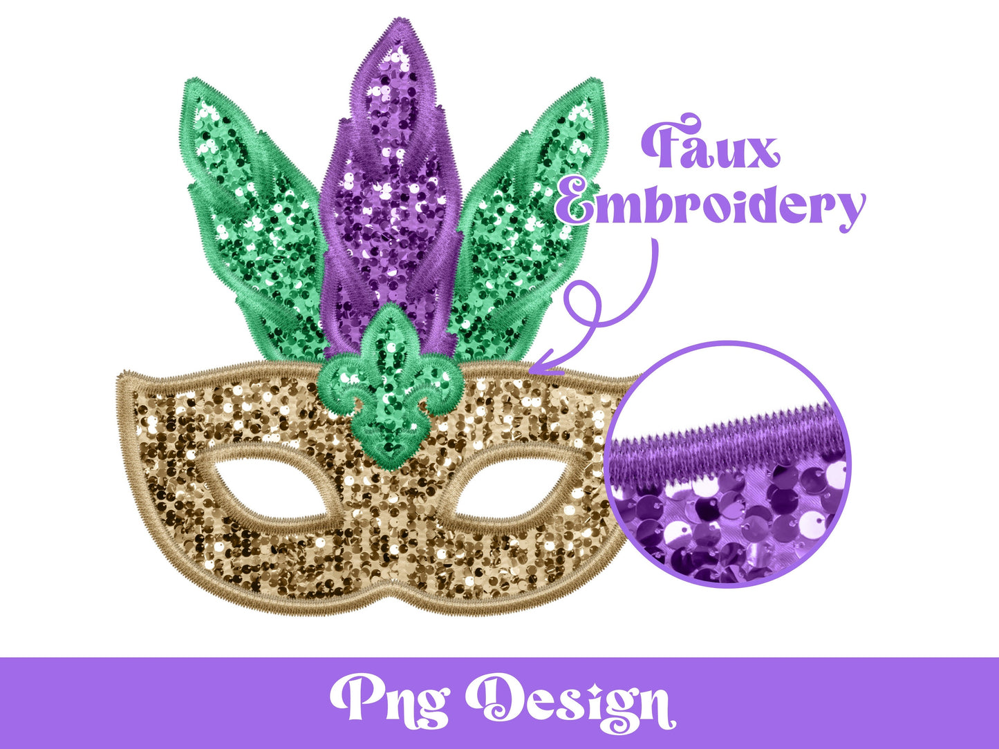 Mardi Gras Mask PNG: Faux Embroidery, Sequin Design (Digital File)