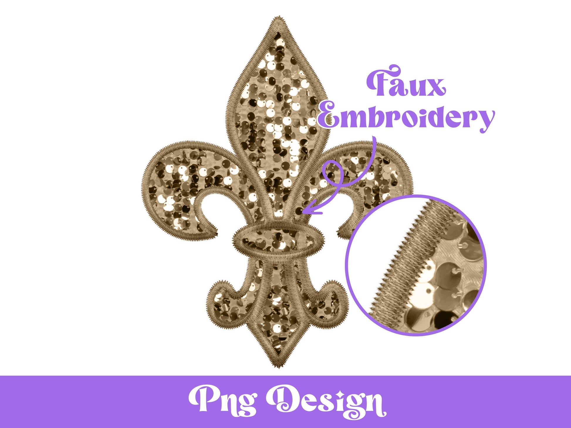 Mardi Gras Fleur de Lis PNG: Faux Embroidery, Sequin Design (Digital File)