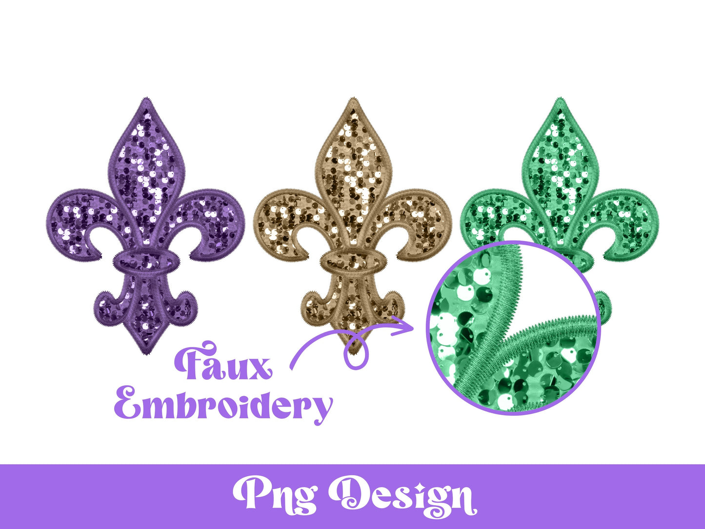 Mardi Gras Fleur de Lis PNG: Faux Embroidery, Sequin Clipart
