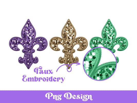 Mardi Gras Fleur de Lis PNG: Faux Embroidery, Sequin Clipart
