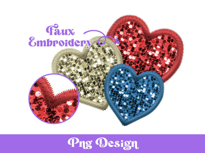 Faux Embroidery Sequin Sparkly Hearts Png, Sublimation Designs, 4th of July Clipart, American, Patriotic