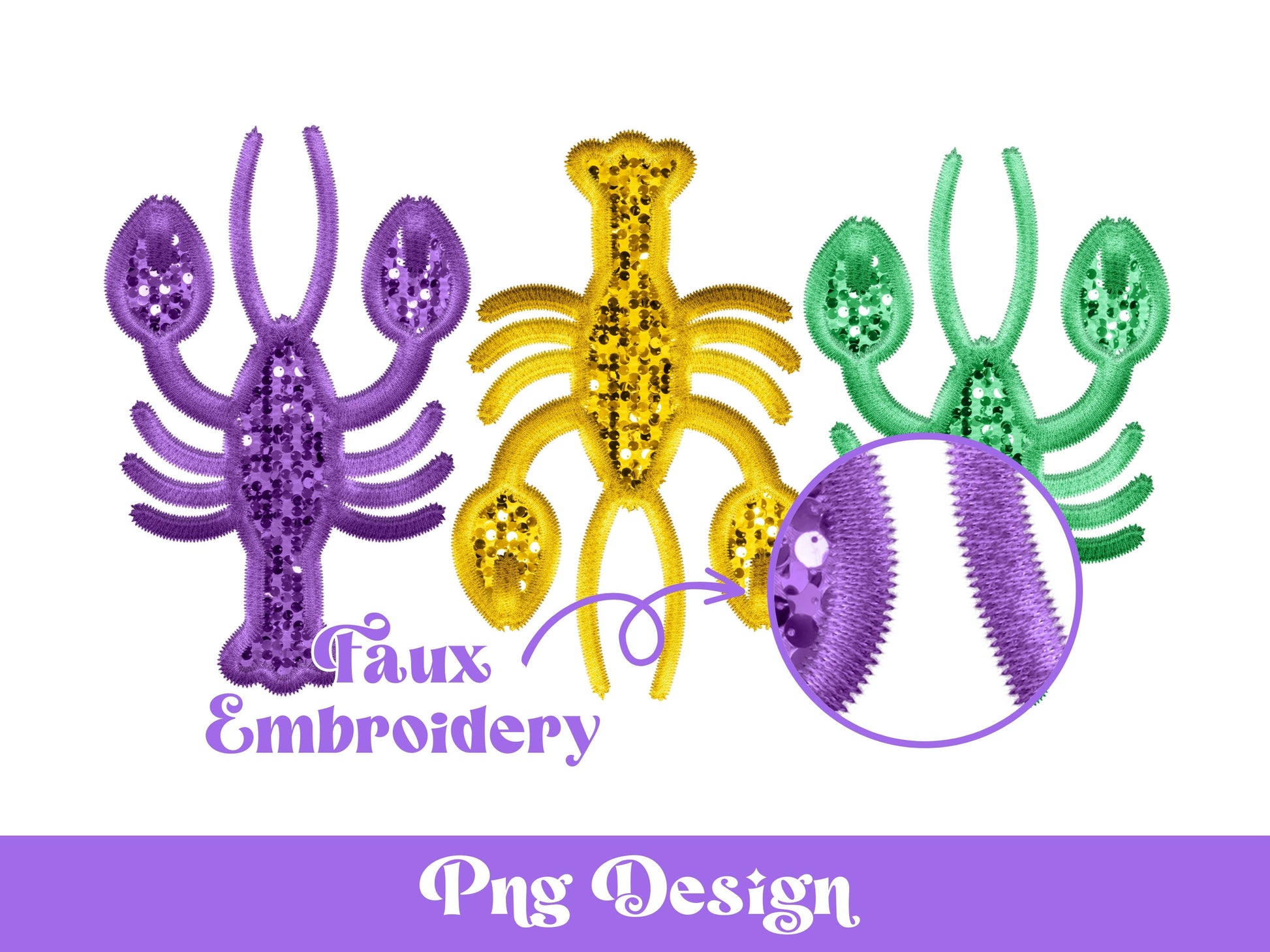 Faux Embroidery Mardi Gras Crawfish Png, Sublimation Designs, Louisiana Clipart, Faux Sequin, New Orleans