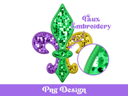 Mardi Gras Fleur de Lis PNG: Faux Embroidery, Sequin Clipart (Digital File)