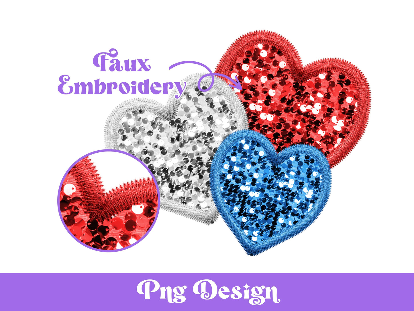 Faux Embroidery Sequin Sparkly Hearts Png, Sublimation Designs, 4th of July Clipart, American, Patriotic