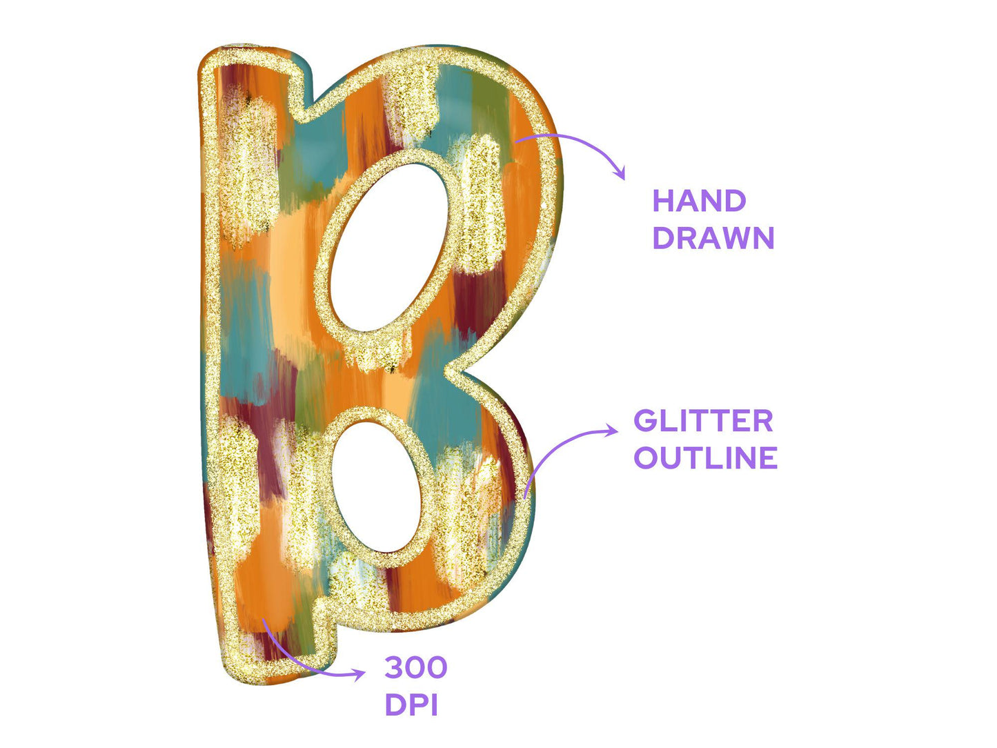 Fall Glitter Brush Strokes Alphabet Clipart: Doodle Letter Set (Digital File)