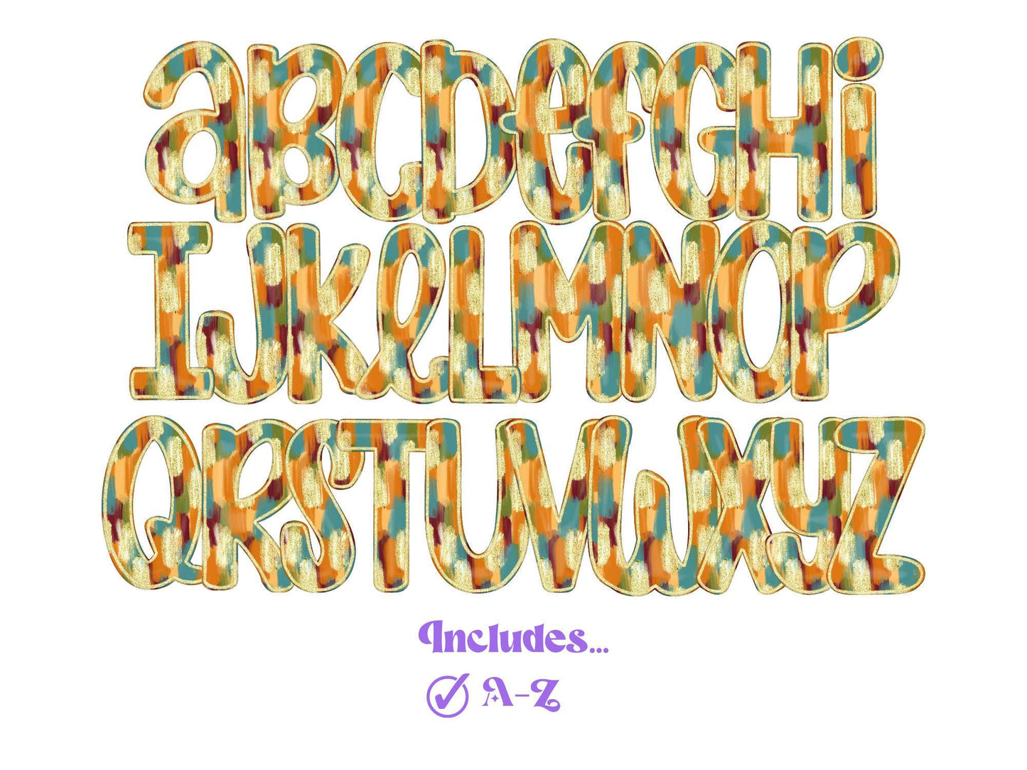 Fall Glitter Brush Strokes Alphabet Clipart: Doodle Letter Set (Digital File)