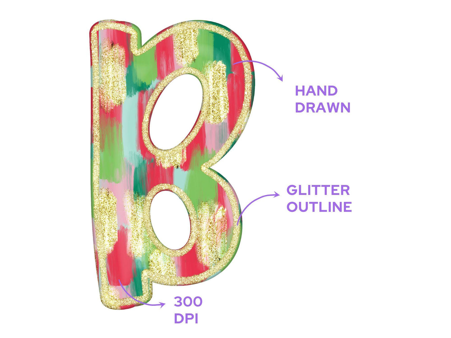 Christmas Glitter Doodle Alphabet Clipart: PNG Letter Set (Digital Download)