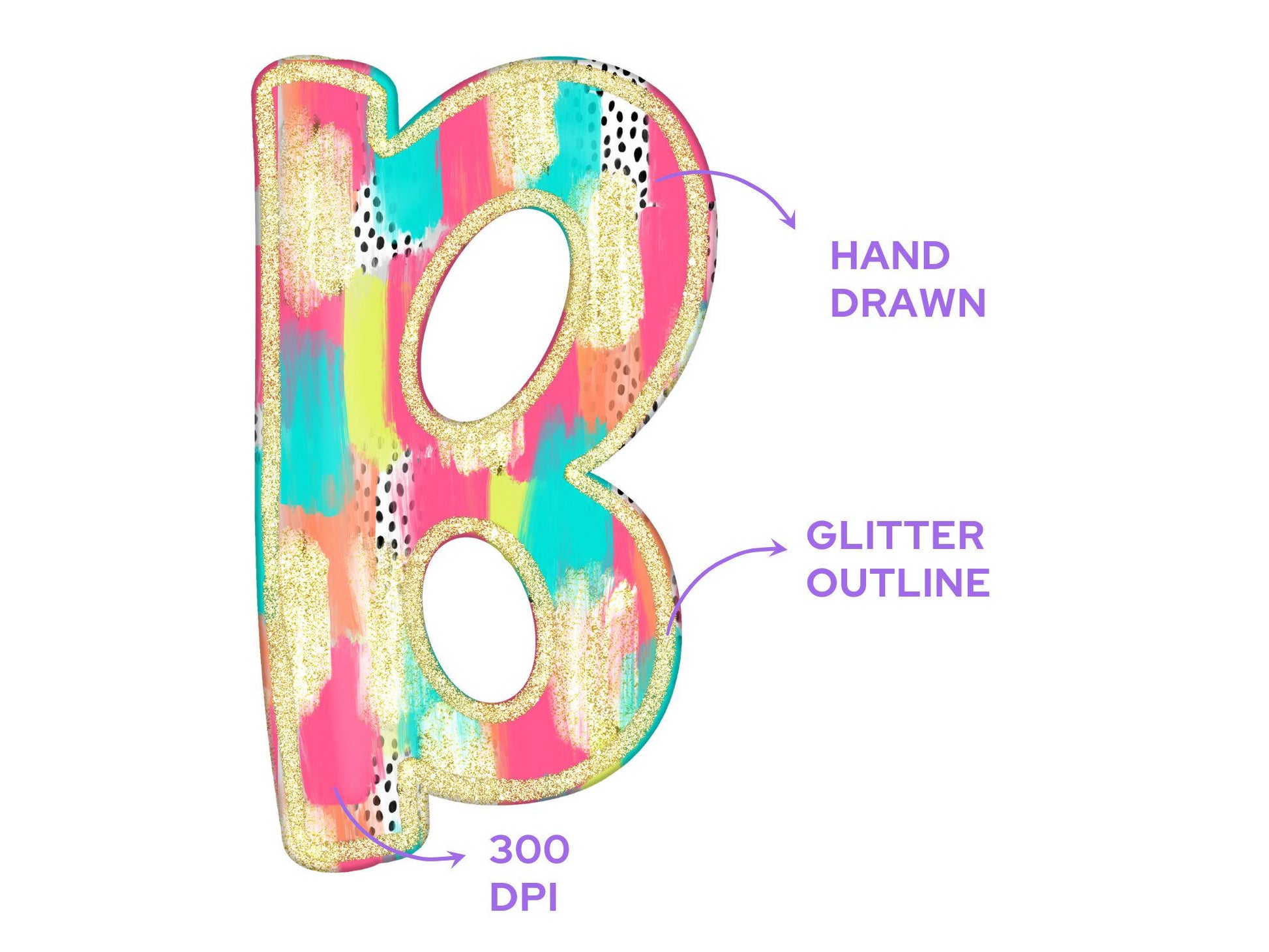 Glitter Brush Strokes Alphabet Clipart: Doodle Letter Set (Digital File)