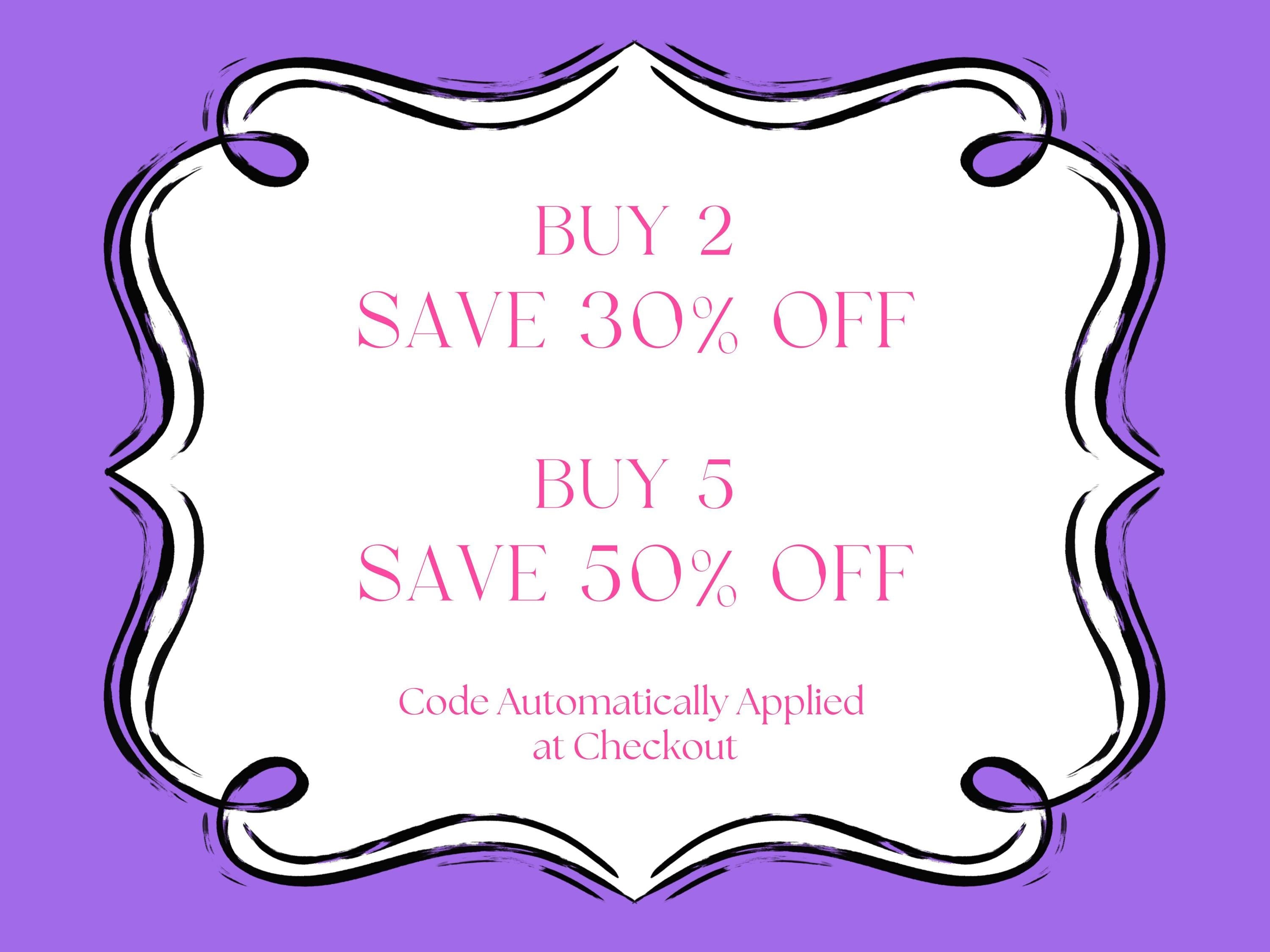 a purple and white frame with the words buy 2 save 30 % off