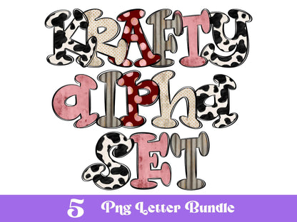 Valentine PNG Alphabet Set, Cow Print Grunge Doodle Letters (Digital Design)