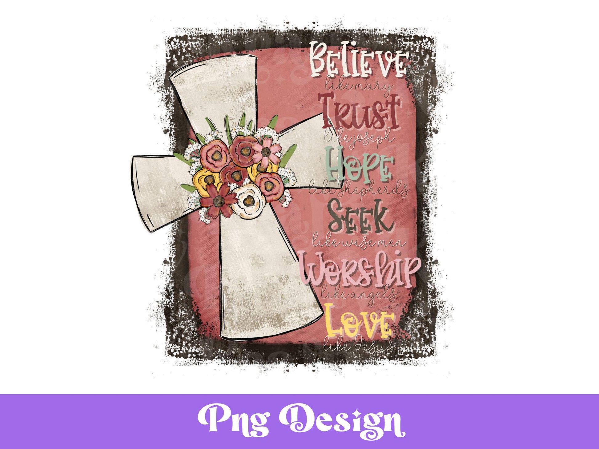 Christian Valentine Cross PNG: Rustic Floral Sublimation Design (Digital File)