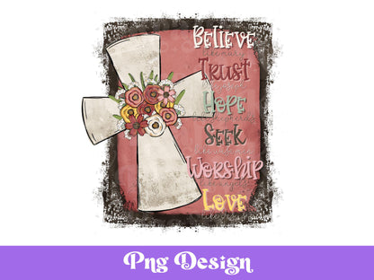 Christian Valentine Cross PNG: Rustic Floral Sublimation Design (Digital File)