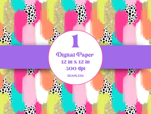 Hand Drawn Paint Brush Stroke Seamless Pattern, Digital Repeatable Pattern, Dalmatian Dots, Colorful Bright