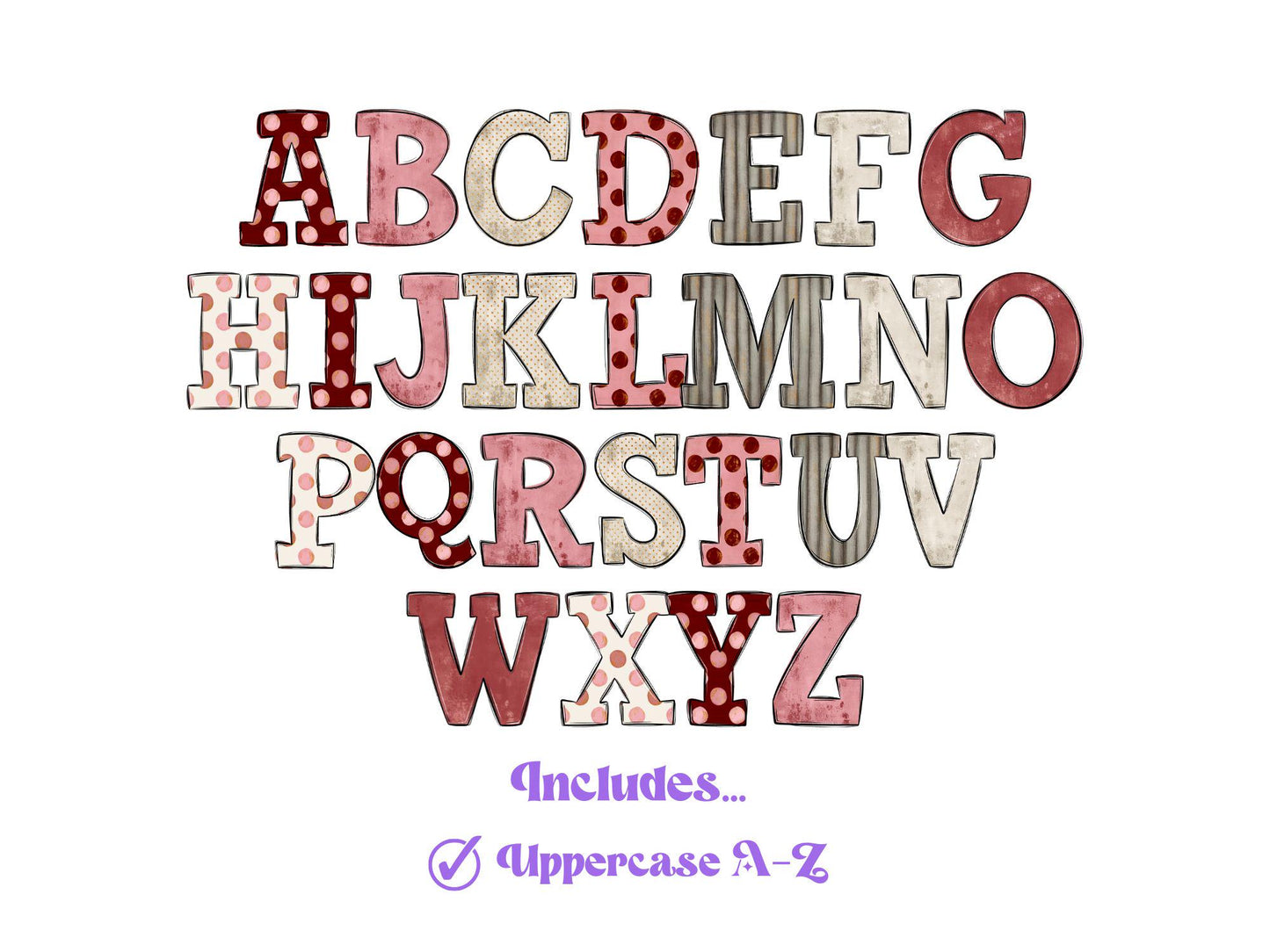 Rustic Valentine PNG Doodle Alphabet Set: Polka Dot Faux Wood (Digital Design)