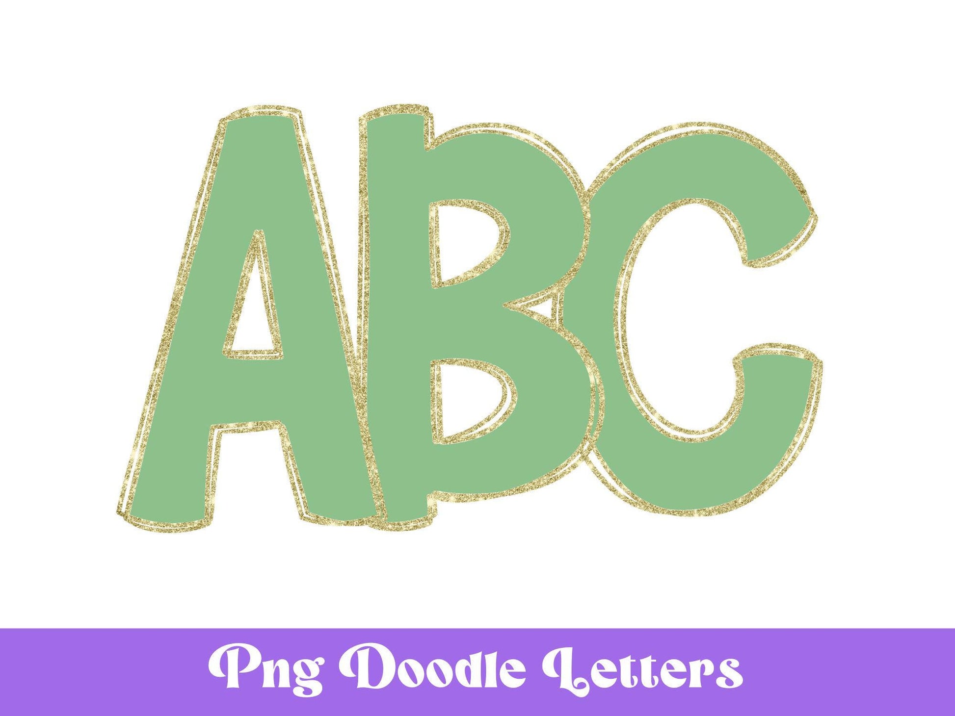 Green and Gold Doodle Letters PNG: Glitter Alphabet Set (Digital File)