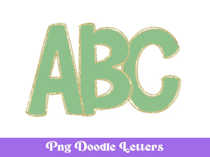 Green and Gold Doodle Letters PNG: Glitter Alphabet Set (Digital File)