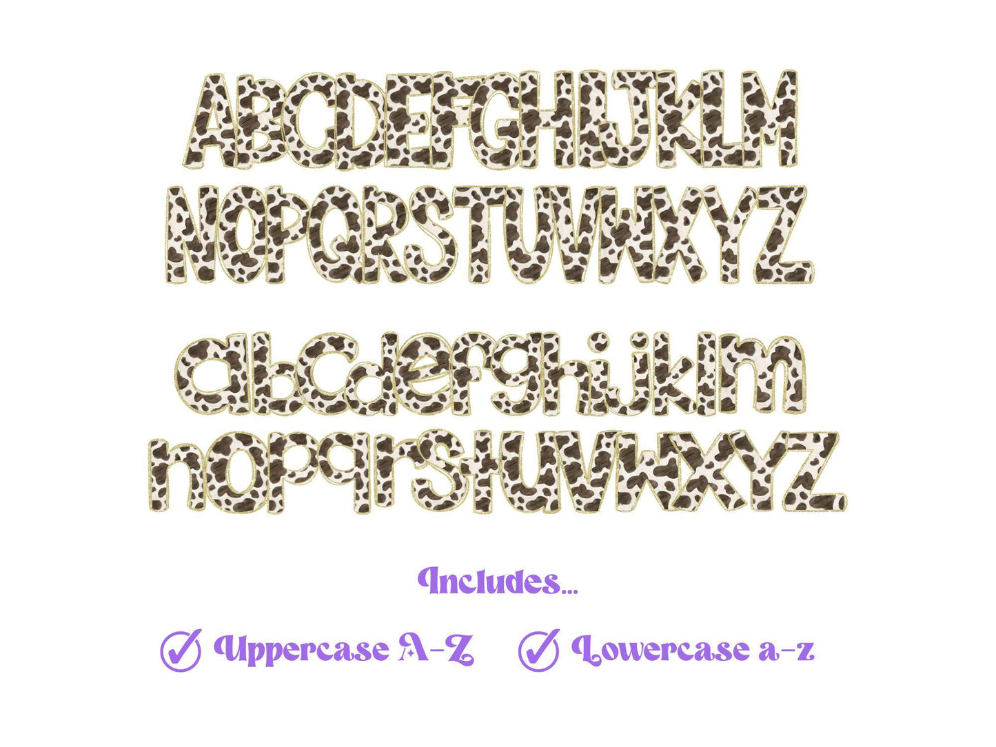 Cow Print Doodle Letters: Gold Glitter PNG Alphabet (Digital File)