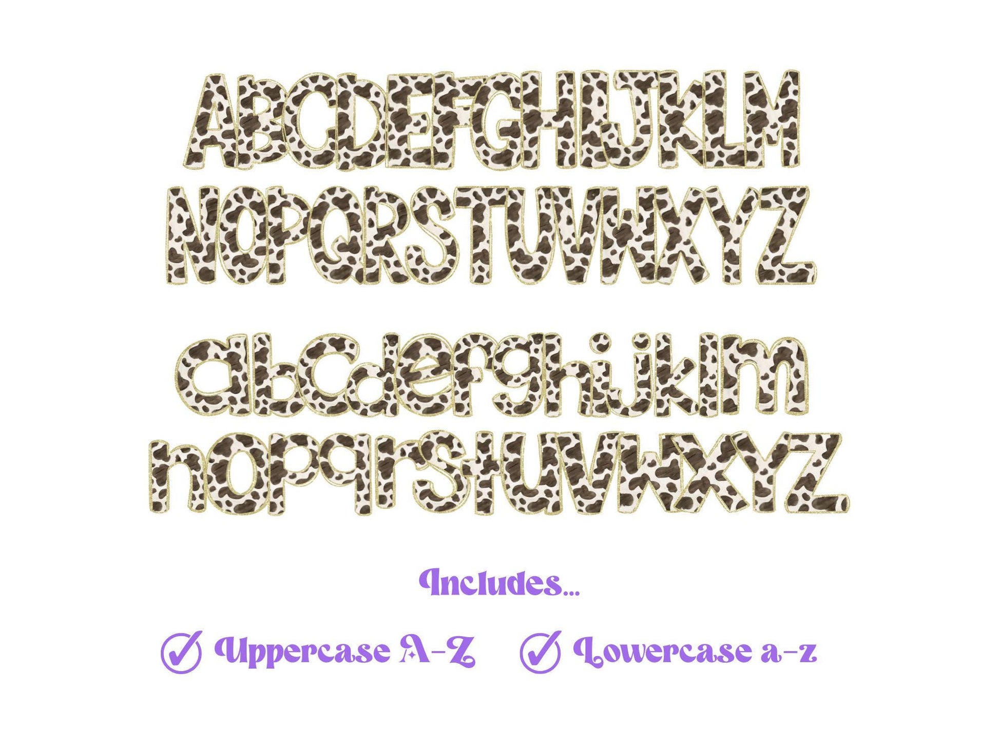 Cow Print Doodle Letters: Gold Glitter PNG Alphabet (Digital File)