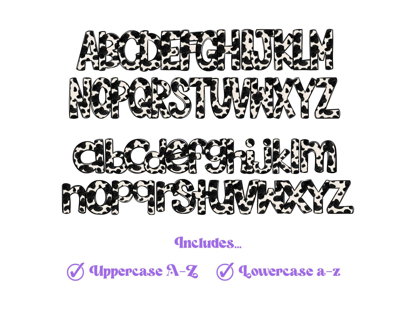 Cow Print Doodle Alphabet Clipart: PNG Letters (Digital Download)