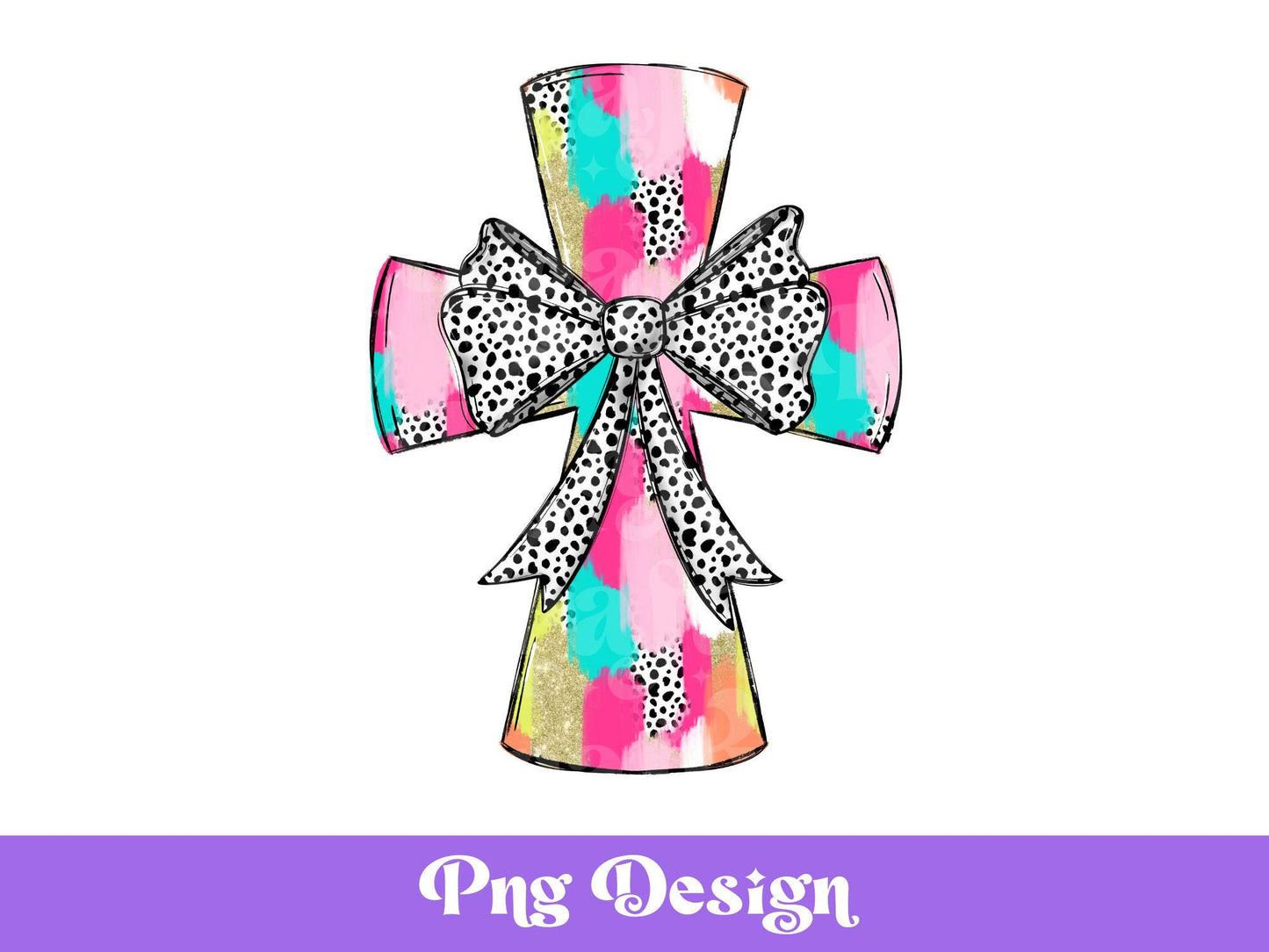 Christian Cross PNG: Colorful Paint Strokes, Dalmatian Bow (Digital File)