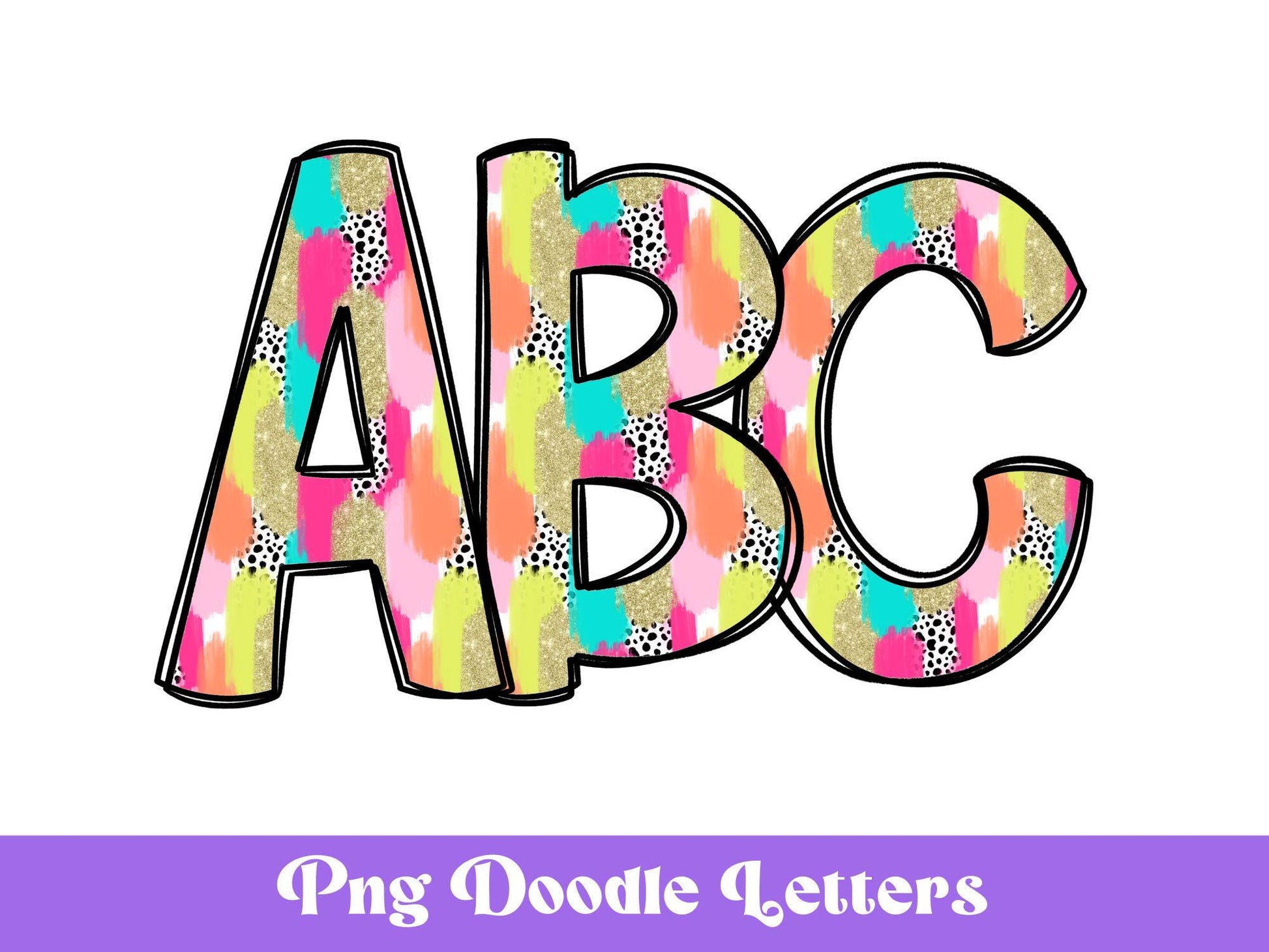 Glitter Brush Stroke Alphabet Clipart: Doodle Letter Set (Digital File)