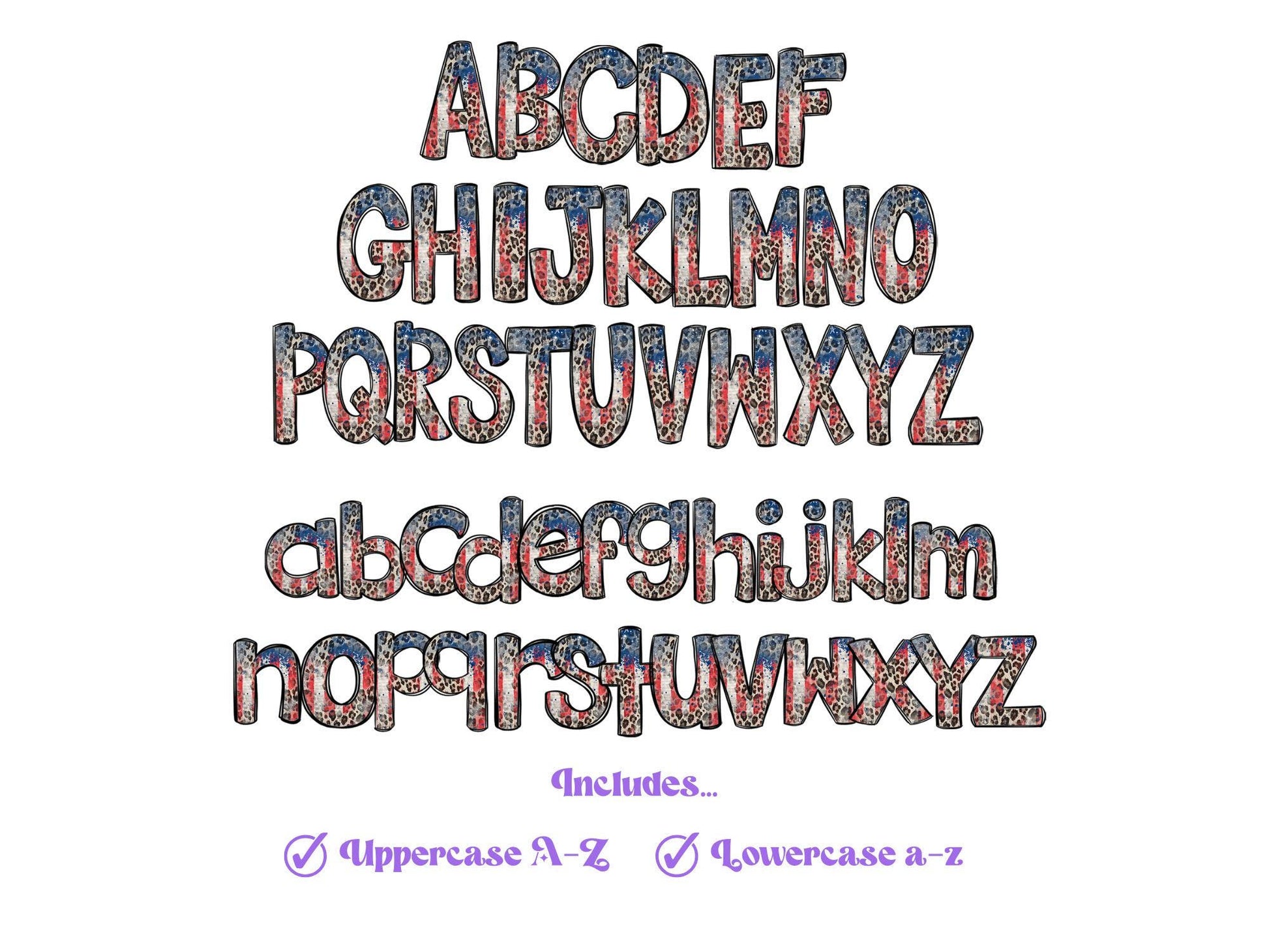 Patriotic Leopard Doodle Alphabet Clipart, Animal Pattern, Cheetah Print, Sublimation Letters, PNG Design