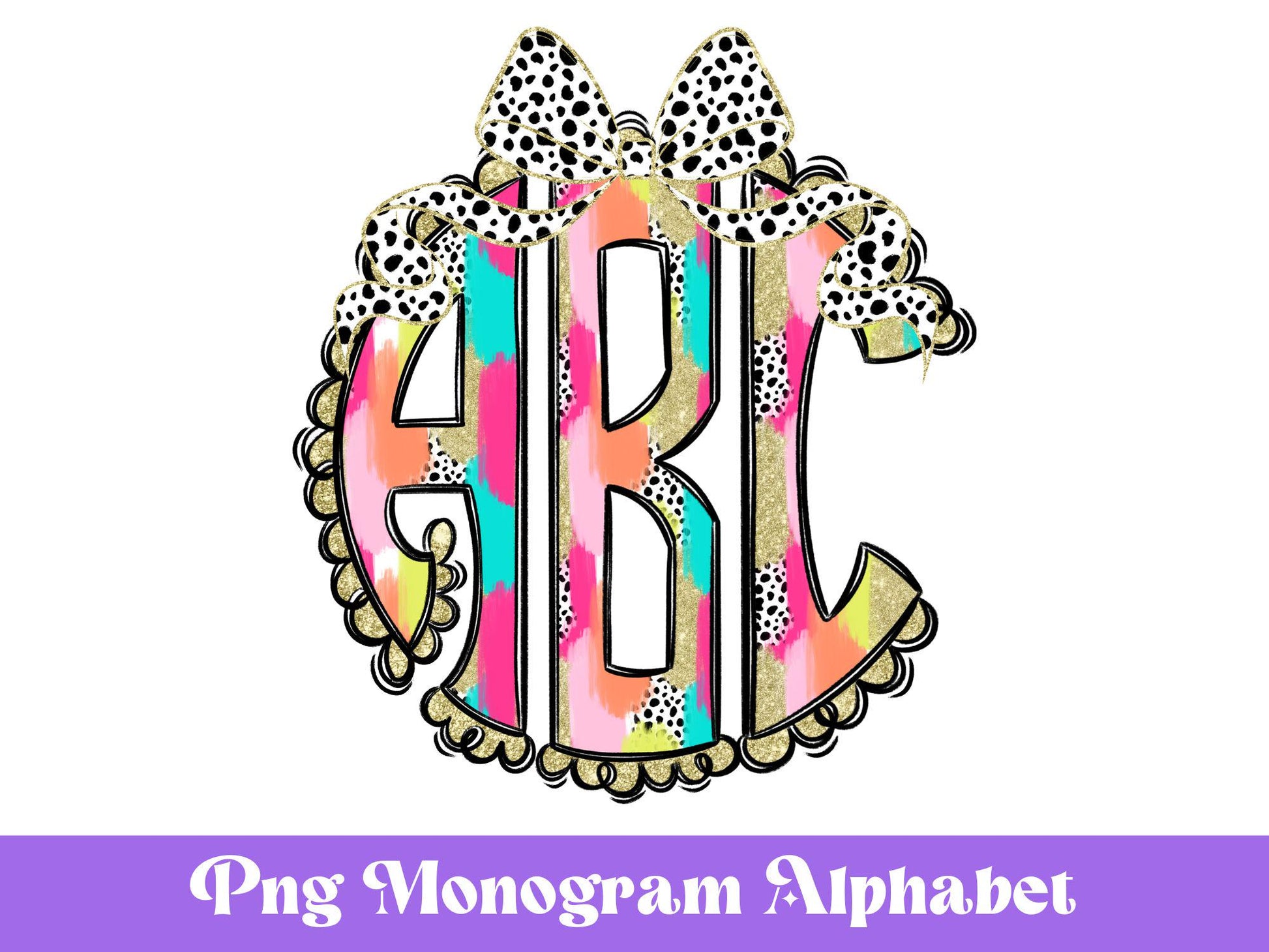 Coquette Bow Monogram Clipart: Glitter Paint Stroke Alphabet (PNG)