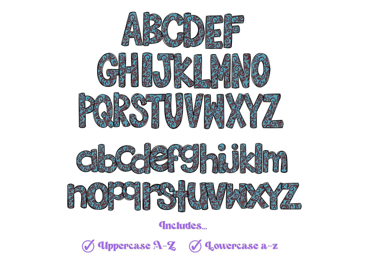 Cow Print Doodle Alphabet Clipart: Western Cowhide Letters (PNG Digital File)
