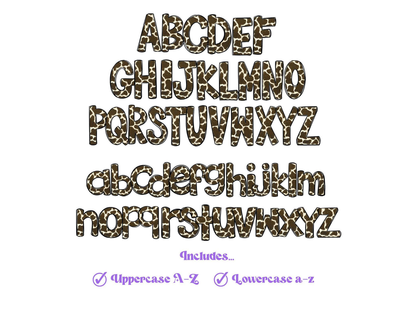 Cow Print Doodle Alphabet Clipart: Western Cowhide Letters (PNG Digital File)