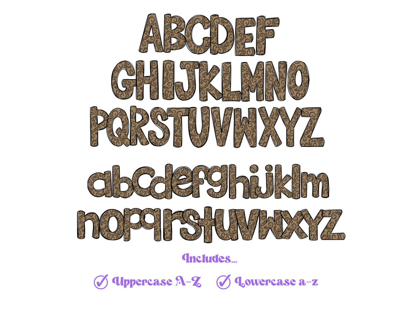 Tooled Leather Doodle Letters, Western Alphabet Clipart, Sublimation Letters, PNG Design