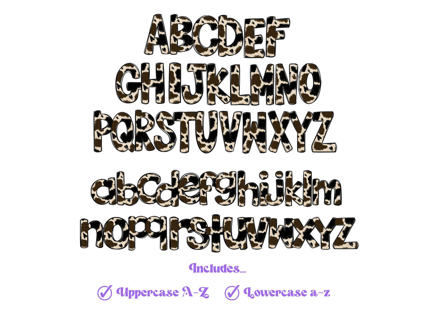 Cow Print Doodle Alphabet Clipart: Western PNG Letters (Digital File)