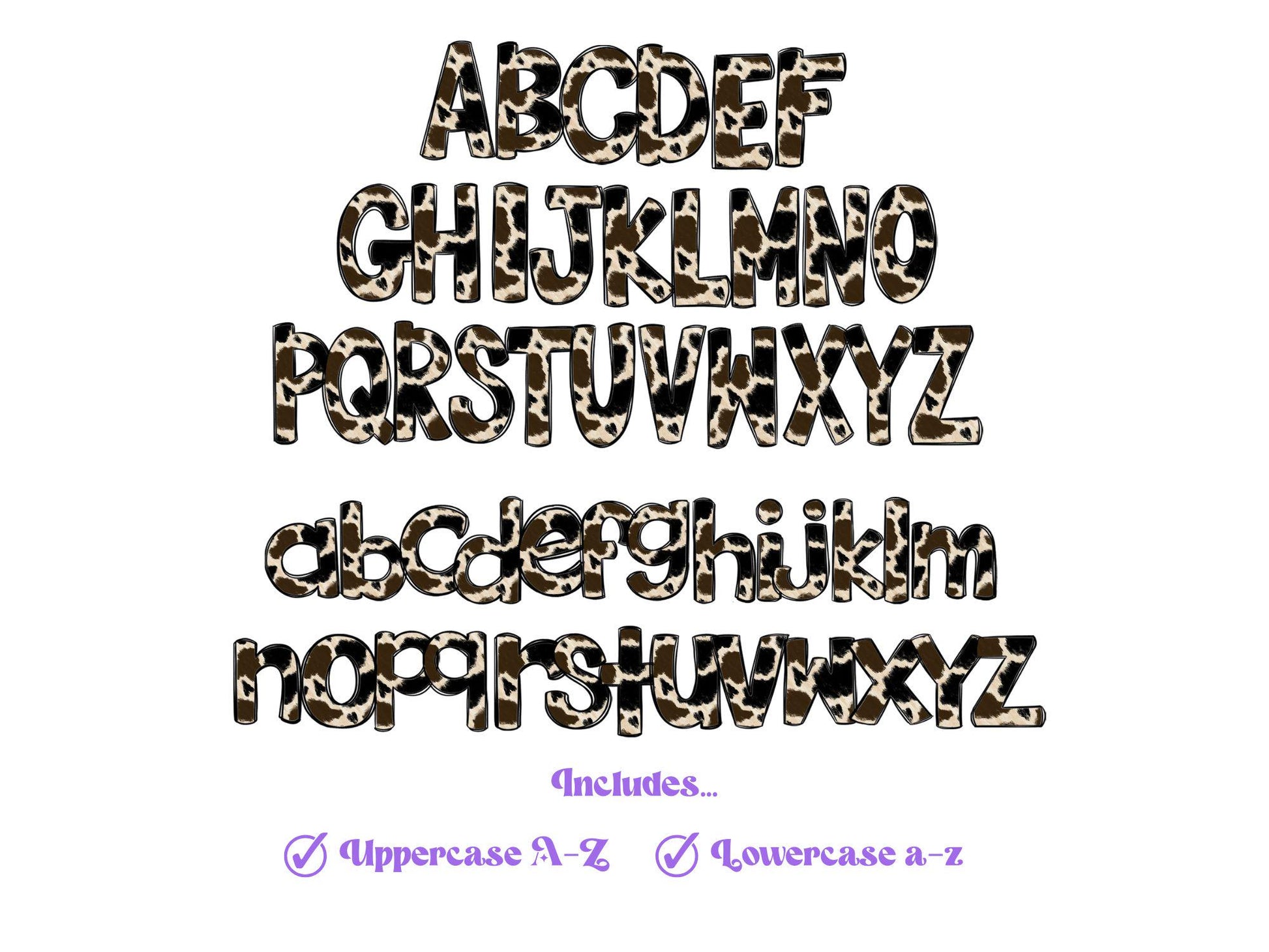 Cow Print Doodle Alphabet Clipart: Western PNG Letters (Digital File)