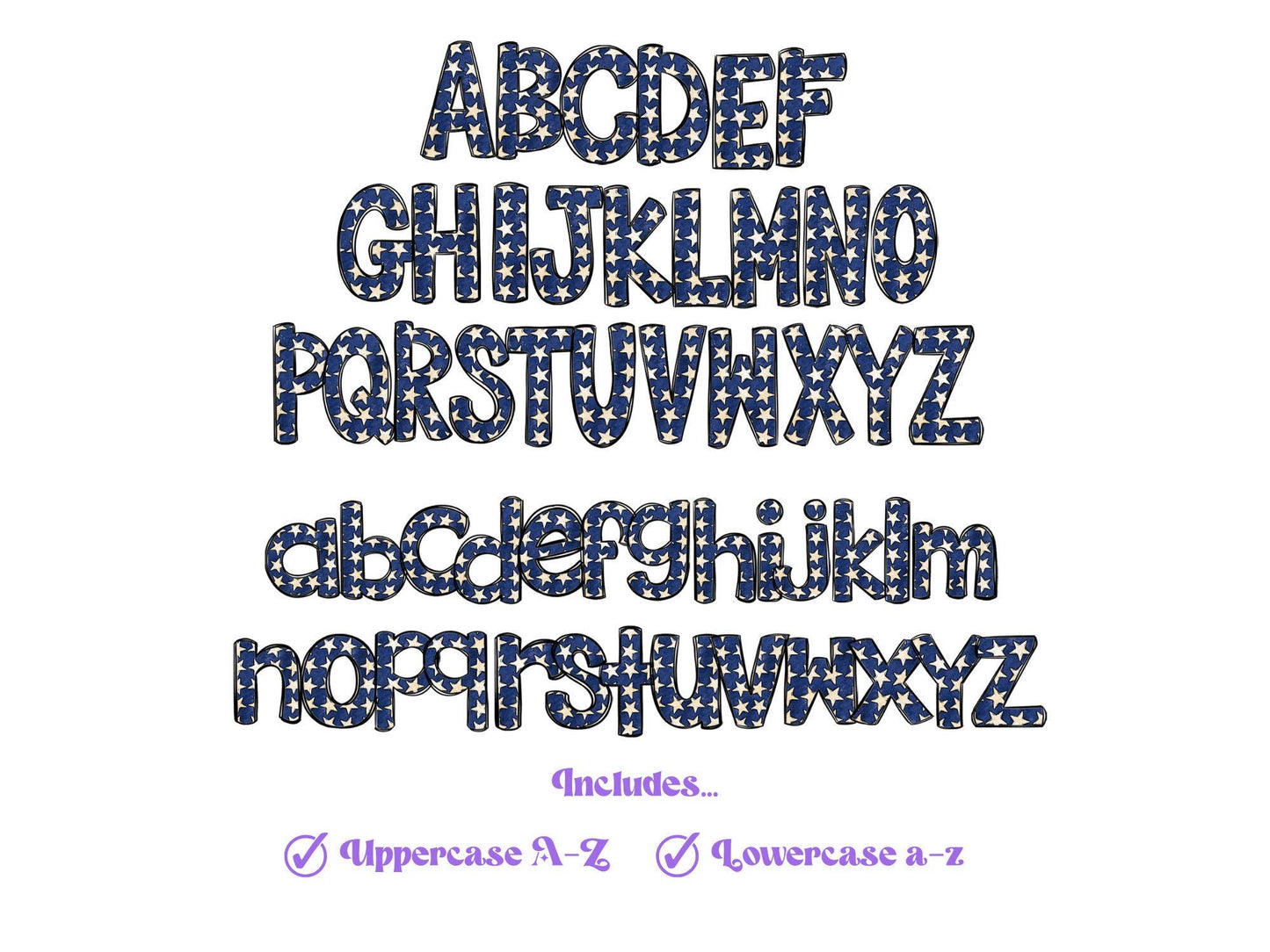 Patriotic Doodle Alphabet Clipart: 4th of July PNG Letters (Digital File)