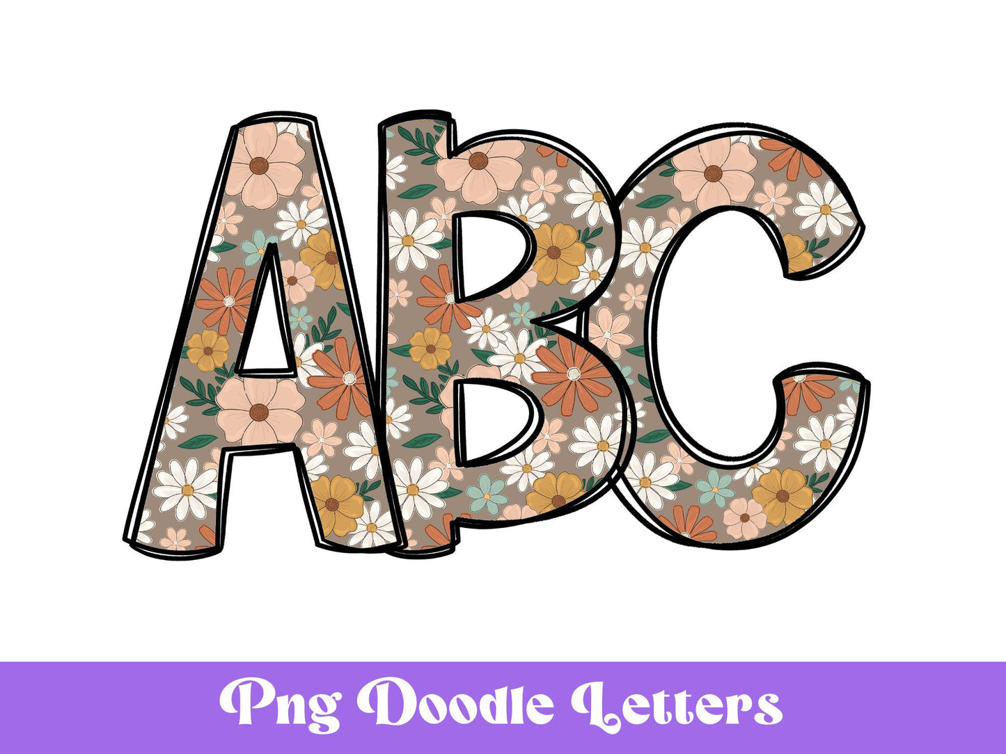 Floral Doodle Alphabet Letters: Retro PNG Clipart (Digital File)