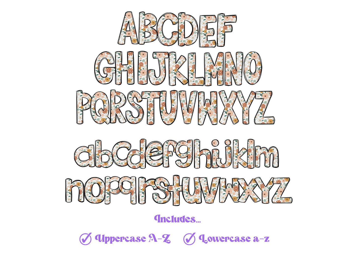 Floral Doodle Alphabet Letters: Retro Summer PNG Clipart