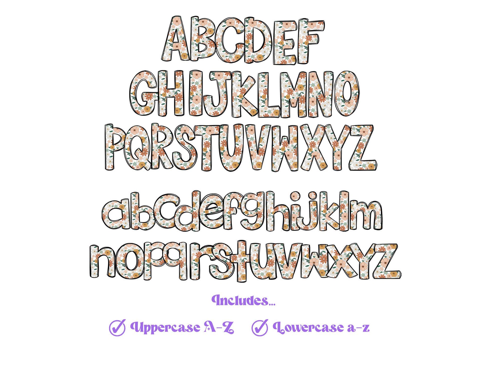 Floral Doodle Alphabet Letters: Retro Summer PNG Clipart