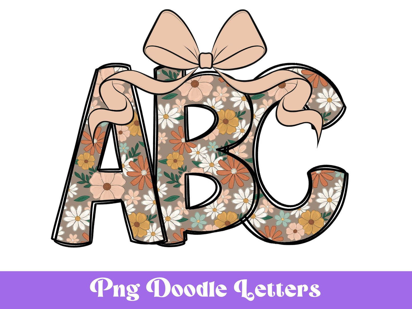 Floral Doodle Alphabet Letters: Retro PNG Clipart (Digital File)