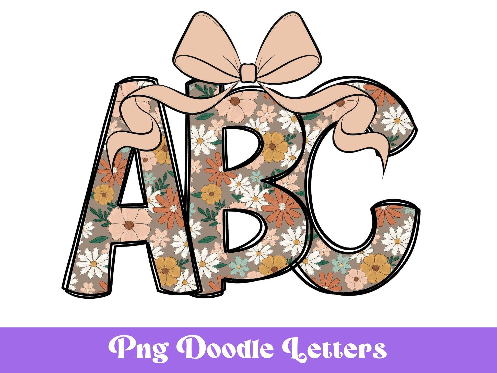 Floral Doodle Alphabet Letters: Retro PNG Clipart (Digital File)