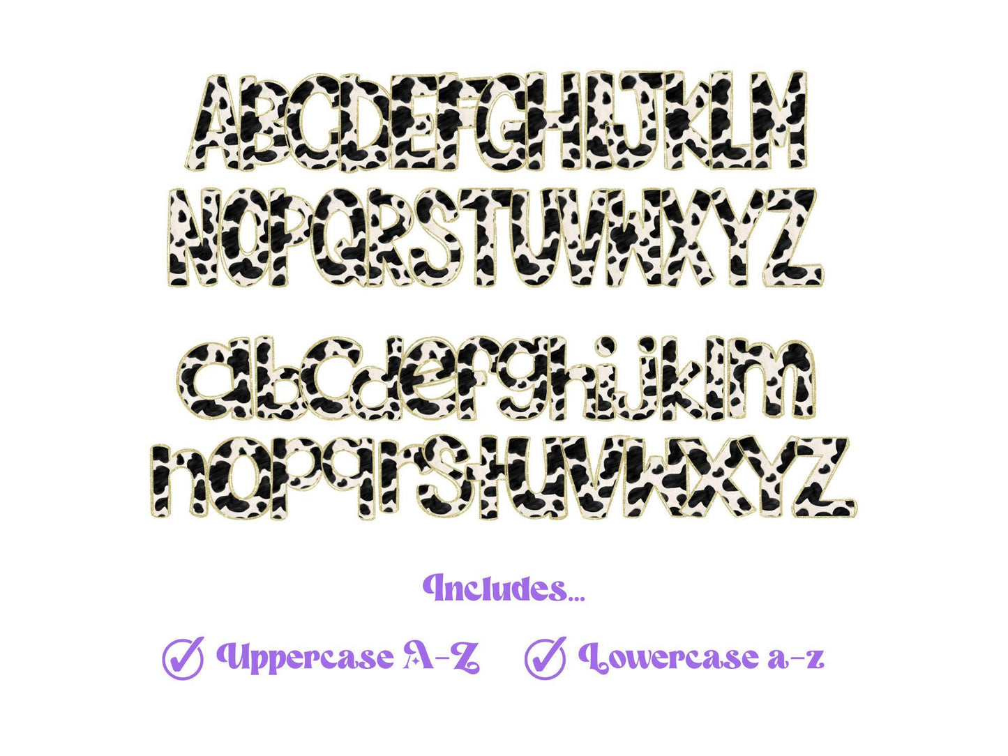 Cow Print Doodle Letters: Gold Glitter PNG Alphabet (Digital File)