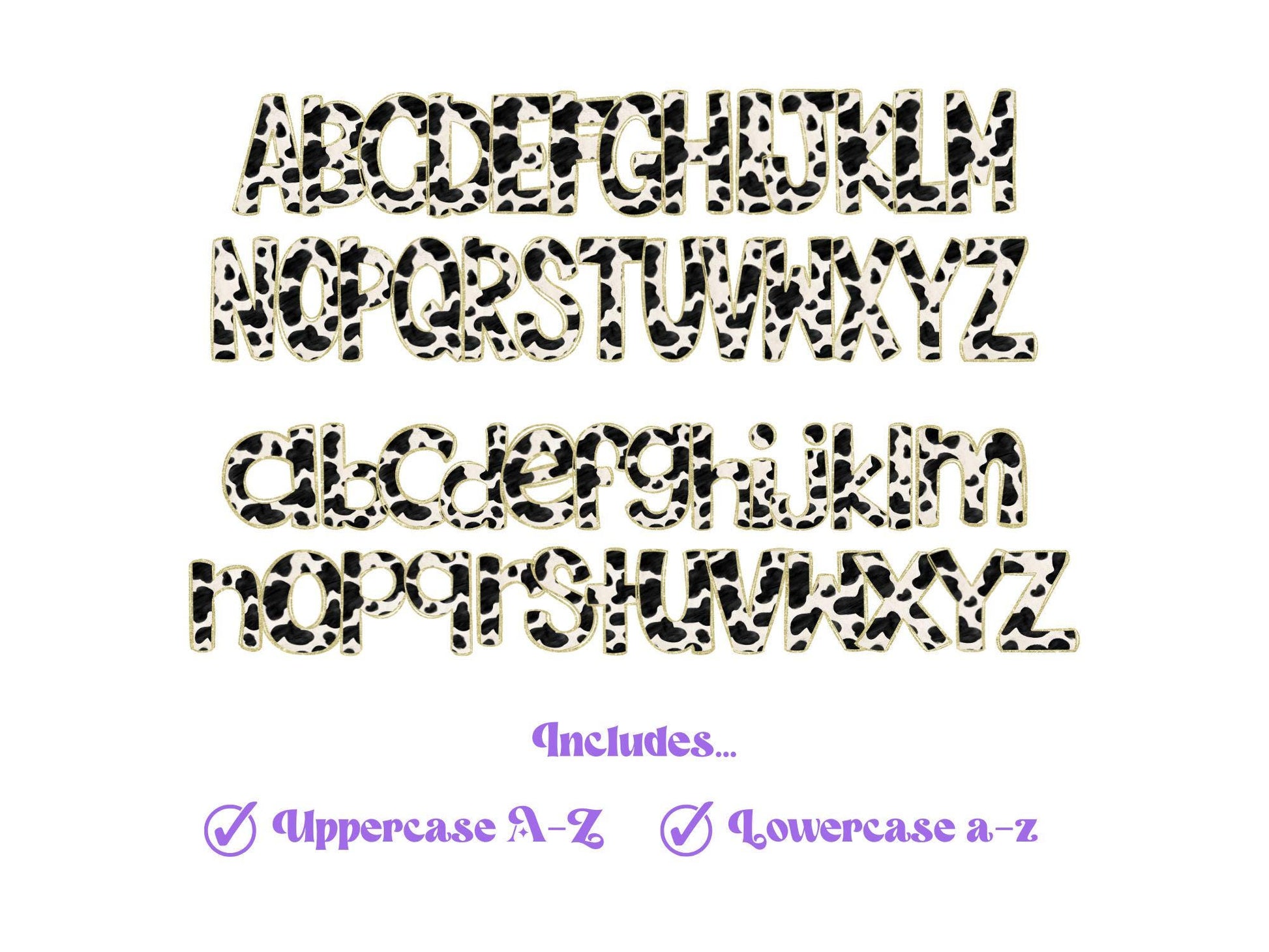 Cow Print Doodle Letters: Gold Glitter PNG Alphabet (Digital File)