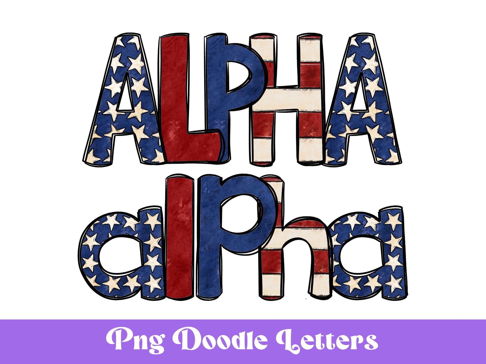 Patriotic Doodle Alphabet Clipart: 4th of July PNG Letters (Digital File)